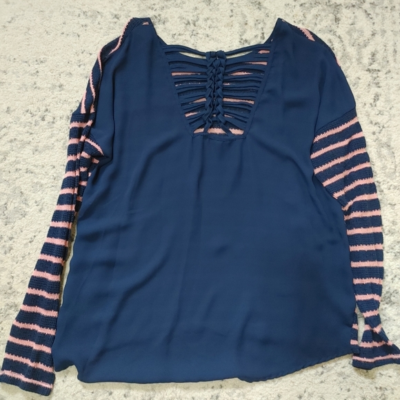 MINE Navy Knit Long sleeve sheer back  strappy cut out back Medium - Picture 3 of 8